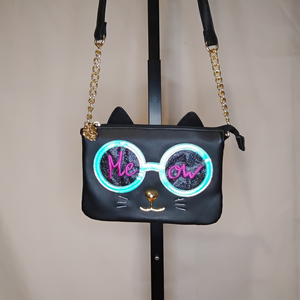 Betsey Johnson Black Cat Crossbody Bag with Gold Accents